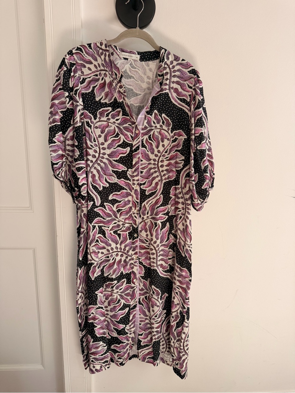 Lanthropy Midi Shirt Dress in Black and Purple Floral